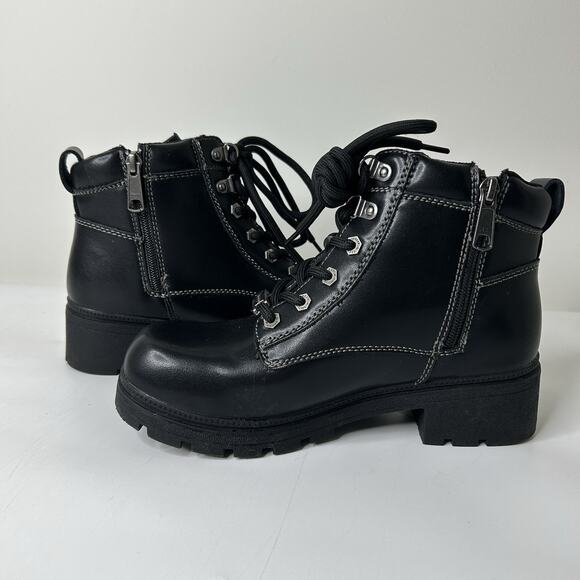 Motorcycle Ankle Boots Women’s 8 Zipper Black Lace-up Biker Boots Low Heel - Picture 6 of 8